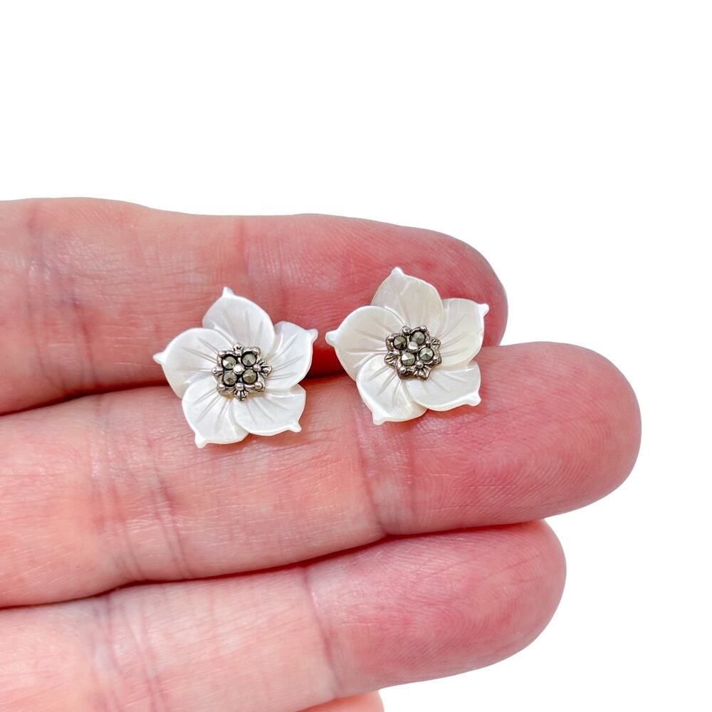 Vintage Sterling Silver 925 Marcasite Mother of Pearl Flower Stud Earrings